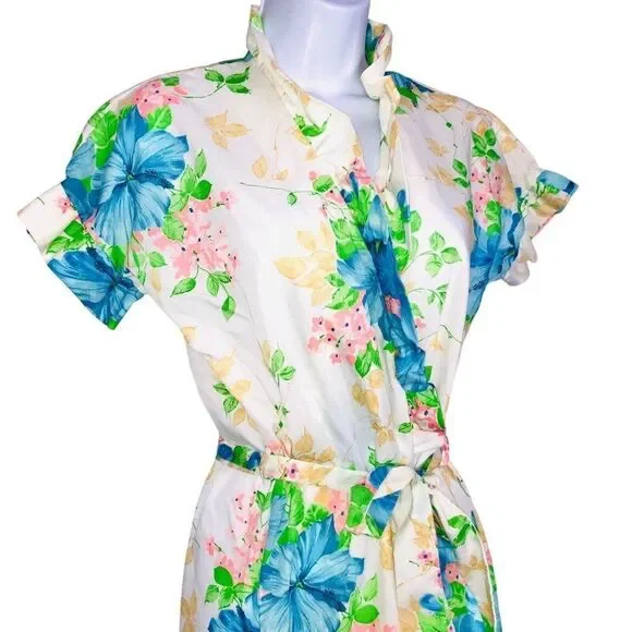 Vintage 70s Robe Womens S White Blue Floral Ruffle Tie Short Sleeve